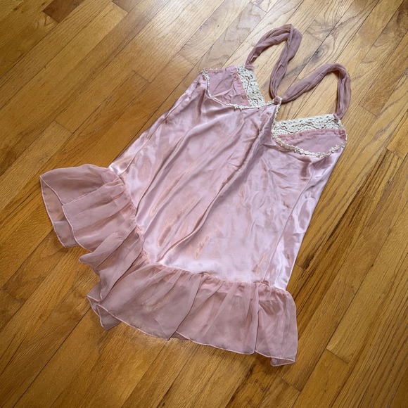 Vintage Dentelle Slip Dress L Pink Satin Lace Ruffle Hem Chemise‎ USA Lingerie - Picture 3 of 12